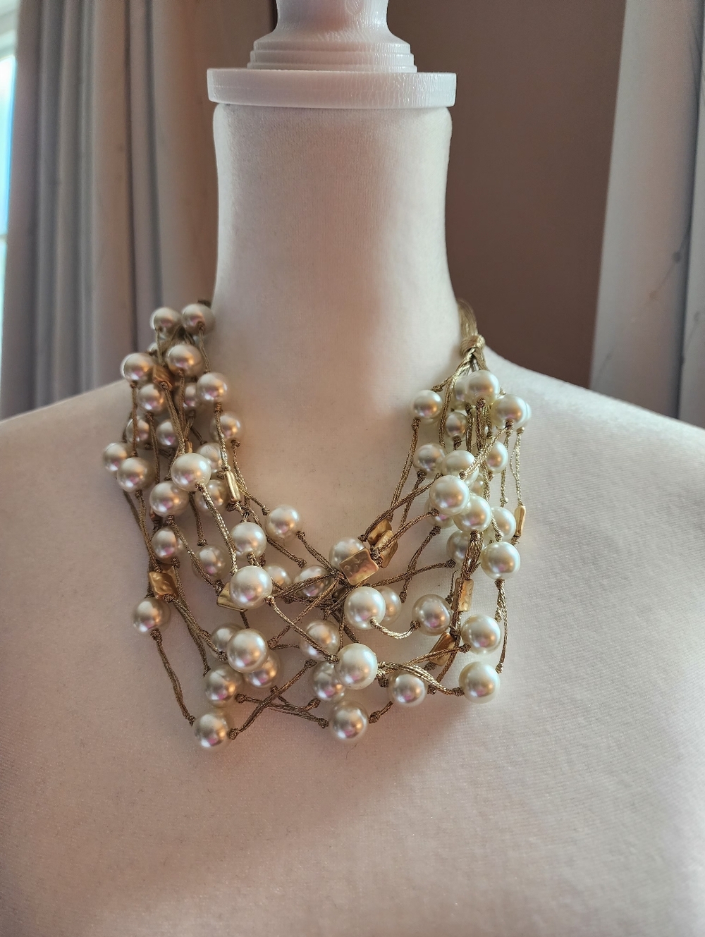 Gardenia Jewelry Multi Strand Glass Simulated Pearl Necklace. 20" Gold T